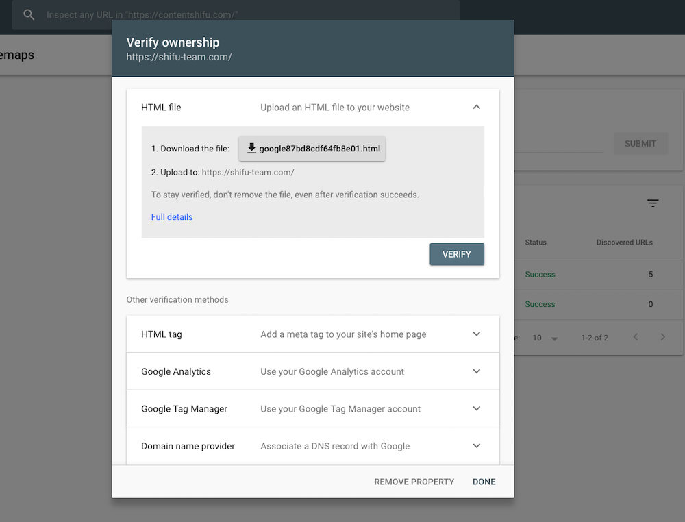 Google Search Console - verify ownership instruction