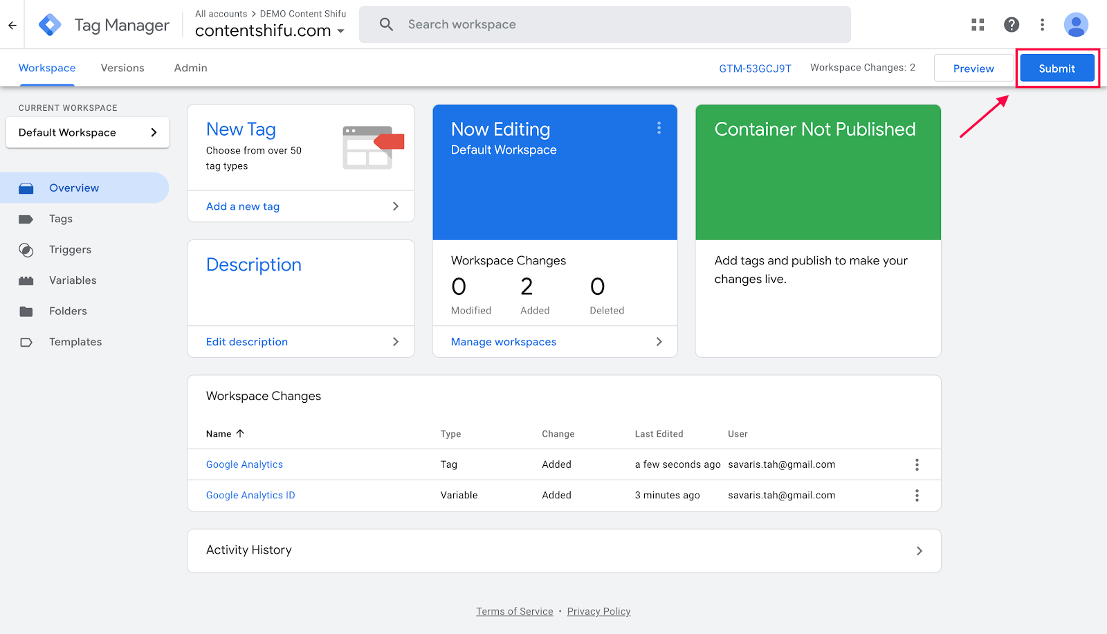 Submit Tag to Google Tag Manager