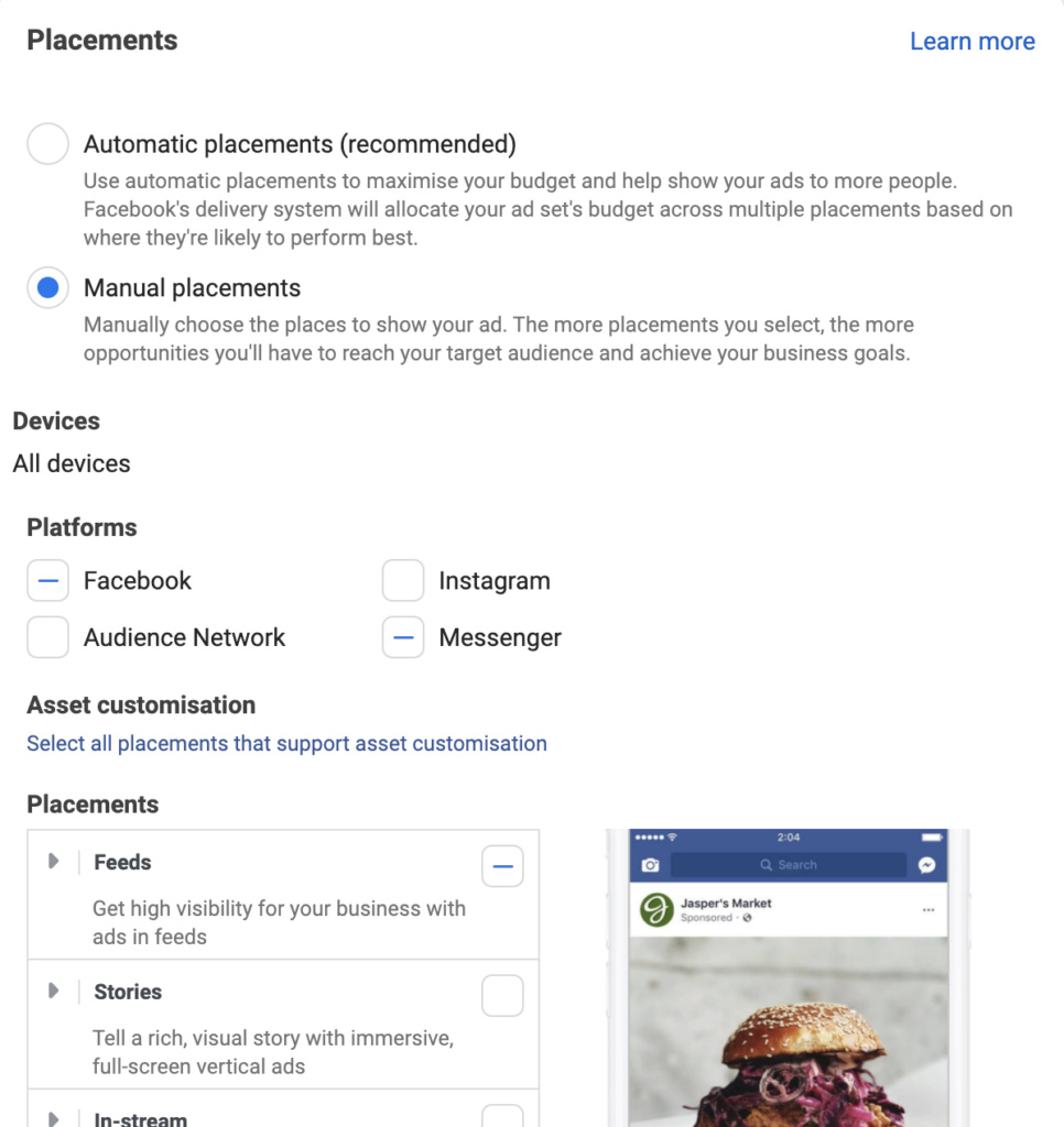 select placements for facebook ads