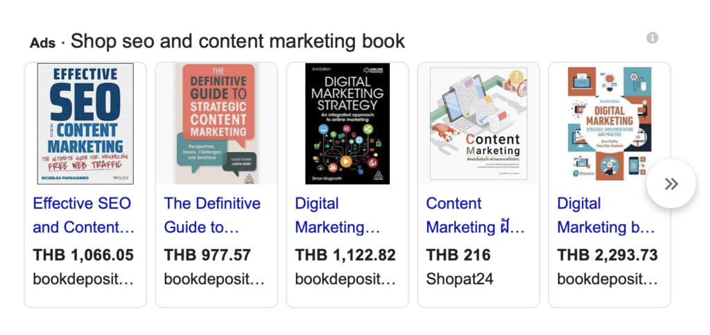 ตัวอย่าง Shopping Ads ภายใต้คีย์เวิร์ด ‘SEO and Content Marketing Book’